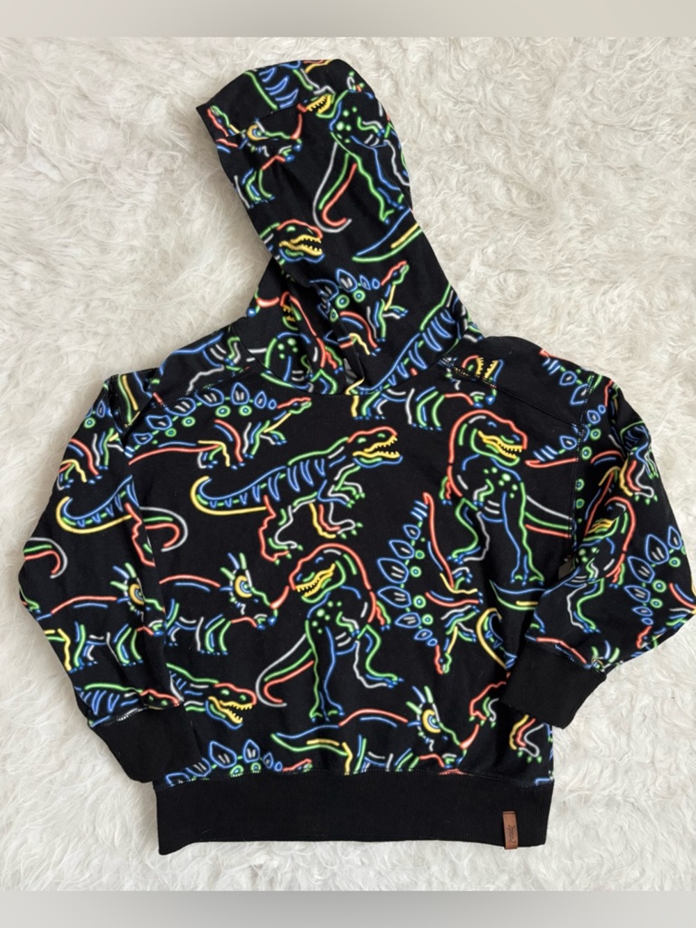 deux par deux Boys Black Hoodie with Cool Neon Dinosaur AOP